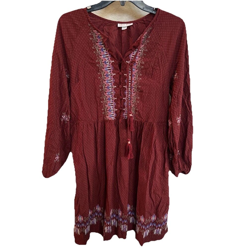 Knox Rose Embroidered Long Sleeve‎ Boho Tassel Dress w Pockets Womens Sz Medium
